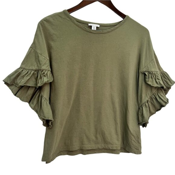 saks Fifth Avenue Army Green Ruffle Sleeve T-shirt Top Size XS - Picture 4 of 11
